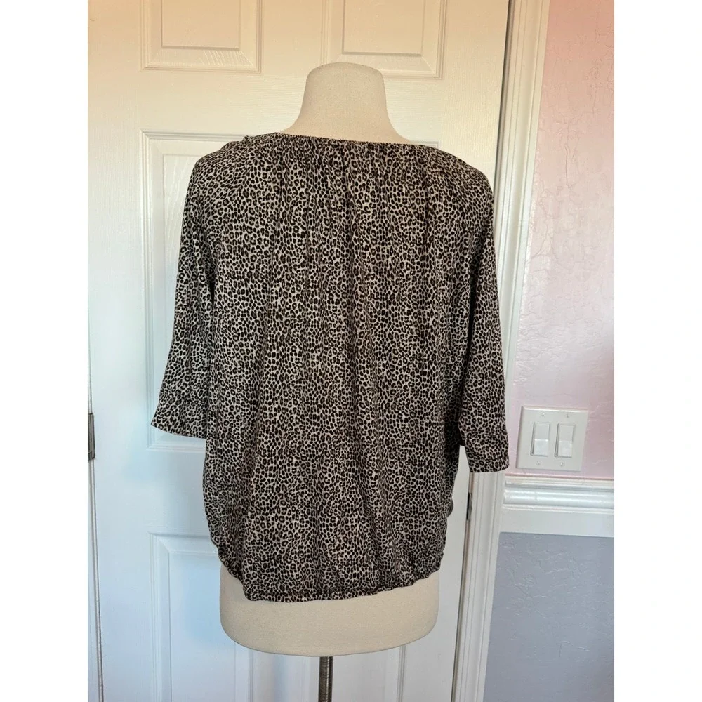 Michael Kors Womens Leopard Print Scoop Neck Bubble Hem 3/4‎ Sleeve Blouse Tan